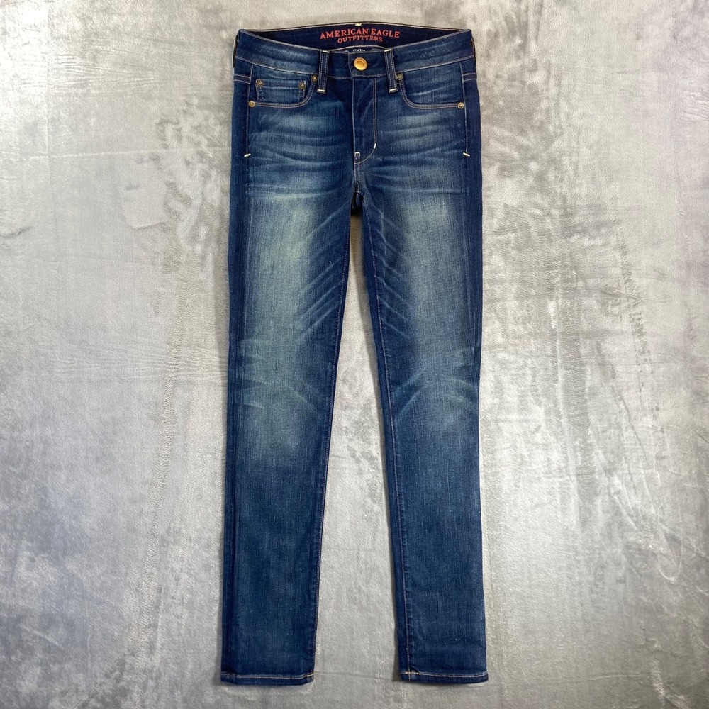 New American Eagle Cone Denim Skinny Jeans Women's‎ Size 0 Blue Dark Wash Denim